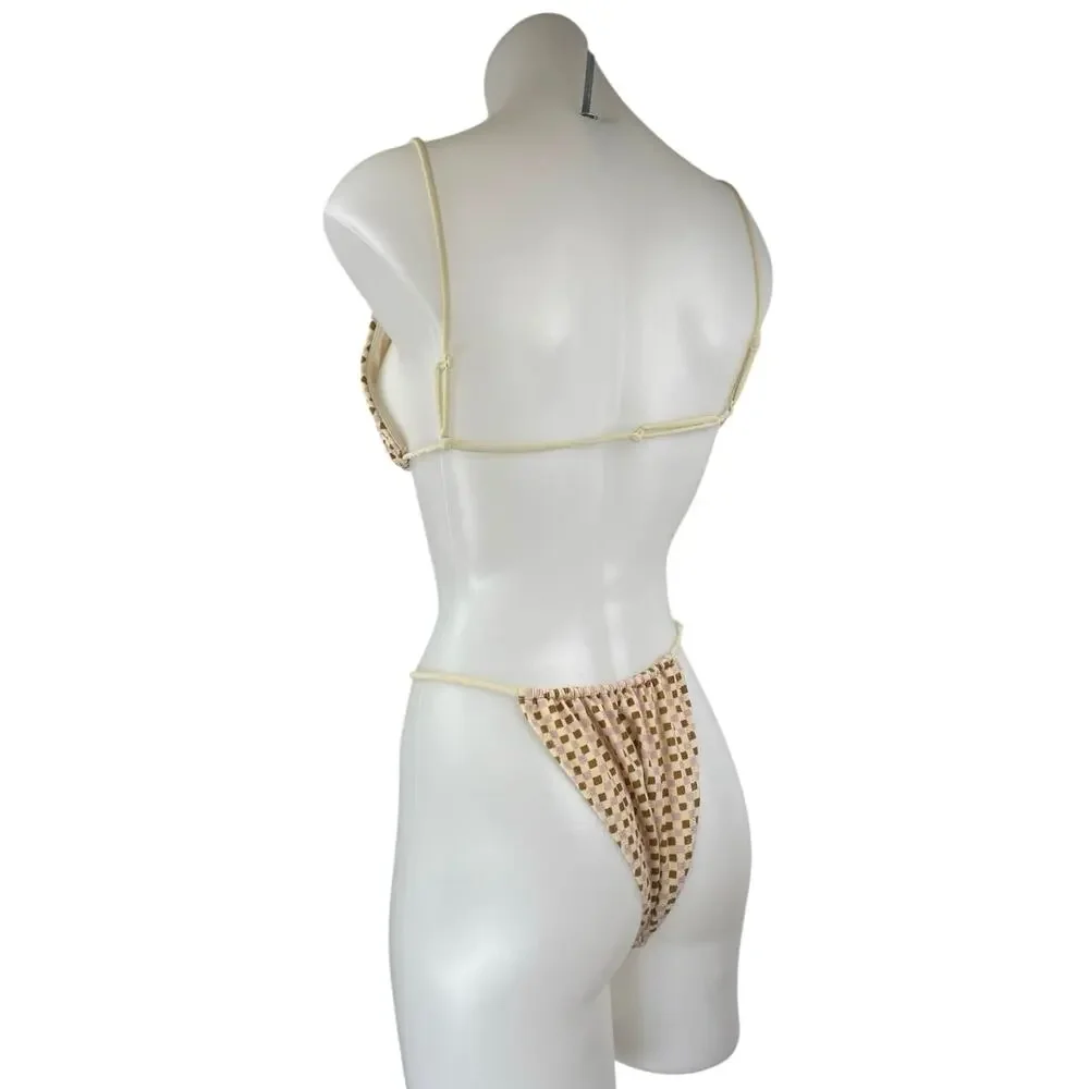 Pacsun Beige Purple Gingham Check Triangle One Piece Bikini Swimsuit Swimwear M